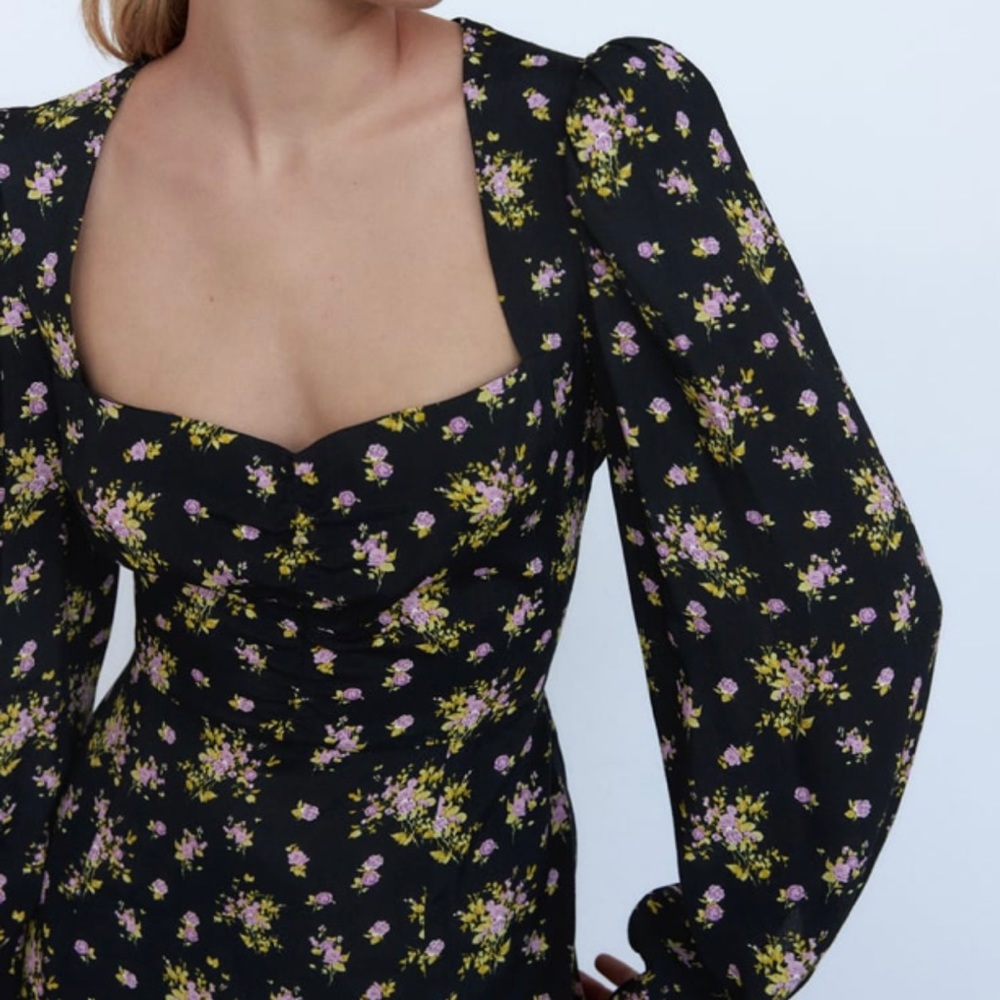 Zara printed mini dress. Multicolored. Small. Black floral. Skater dress. NWT